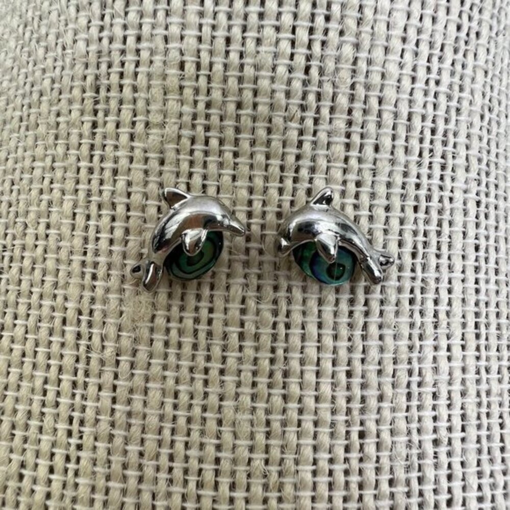 Dolphin Stud Earrings Abalone Silver Tone 3D Small‎ Dainty Oil Spill Blue